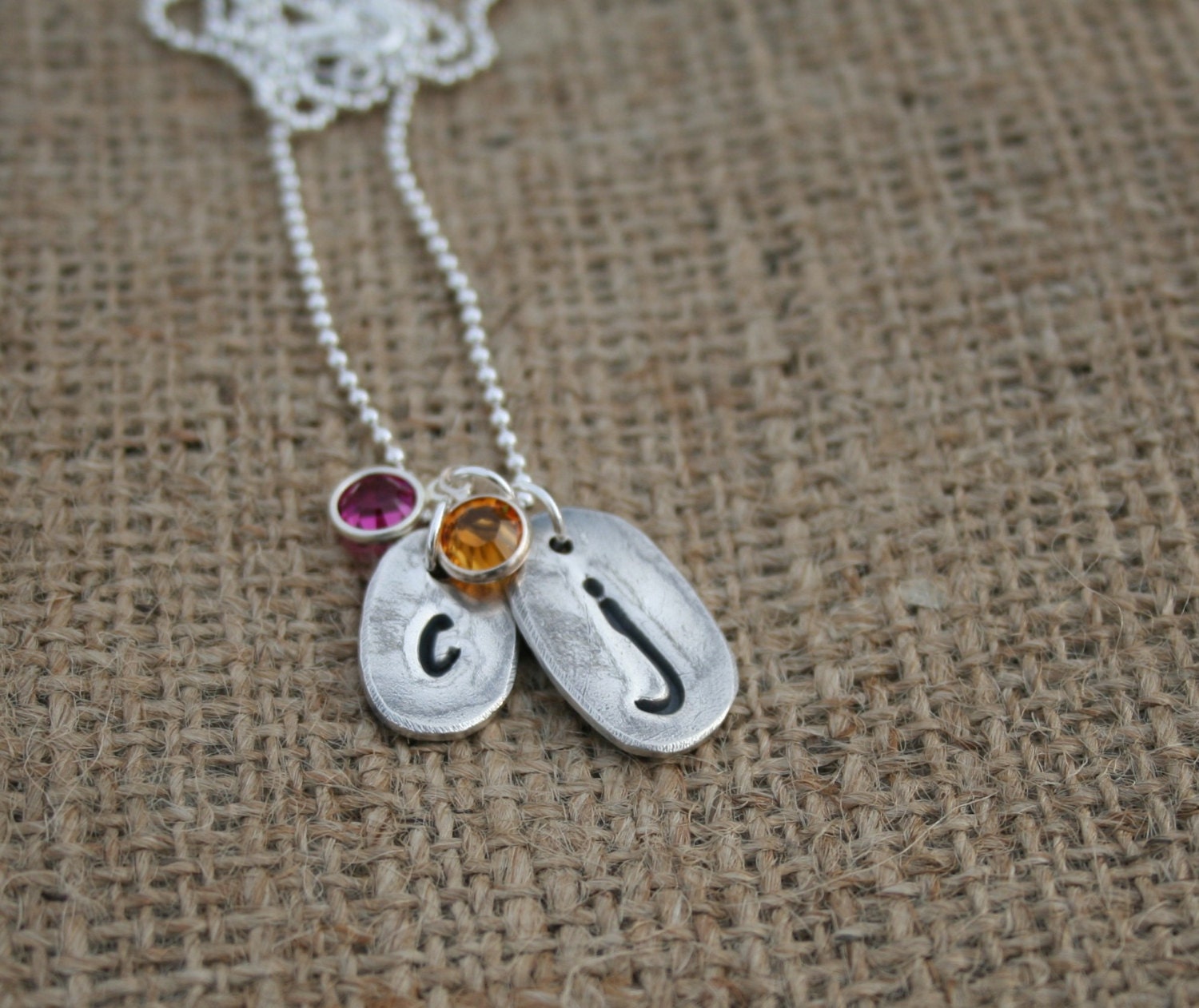 Rustic Silver Necklace Collection - Pebble Monogram Charms with Birthstones