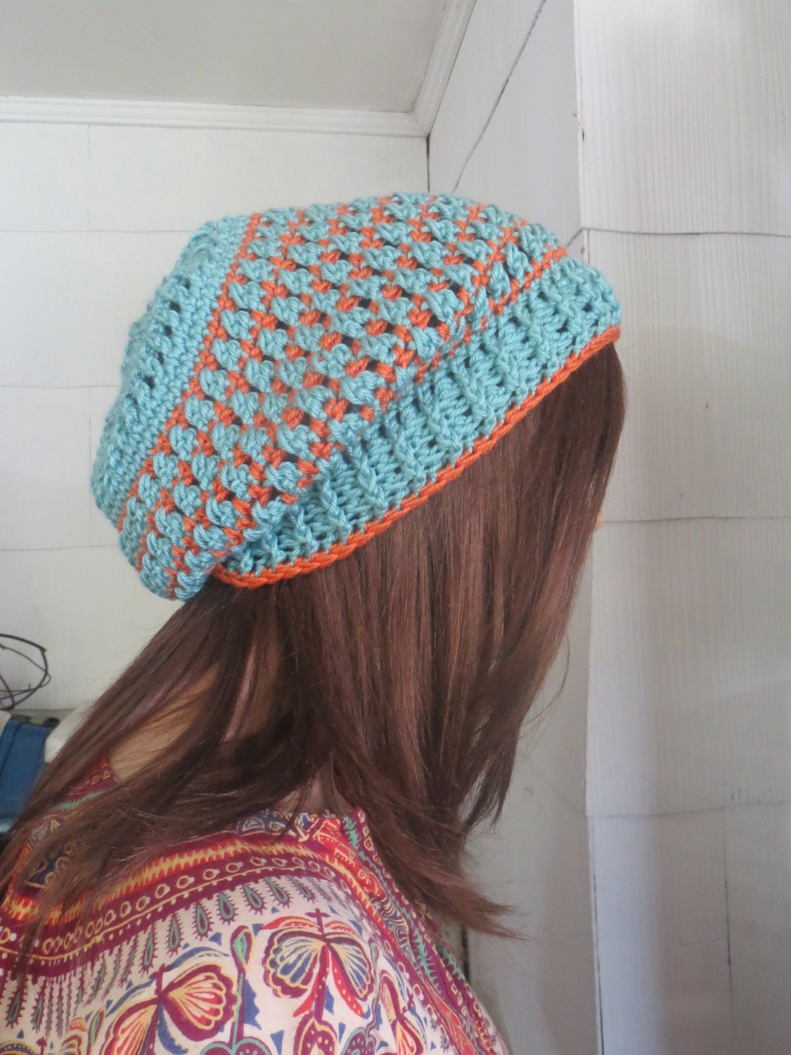 Crochet Rasta Hippie Beret - Dreadlocks - Slouchy Hat - Dread Hat - Tangerine and Seafoam Blue