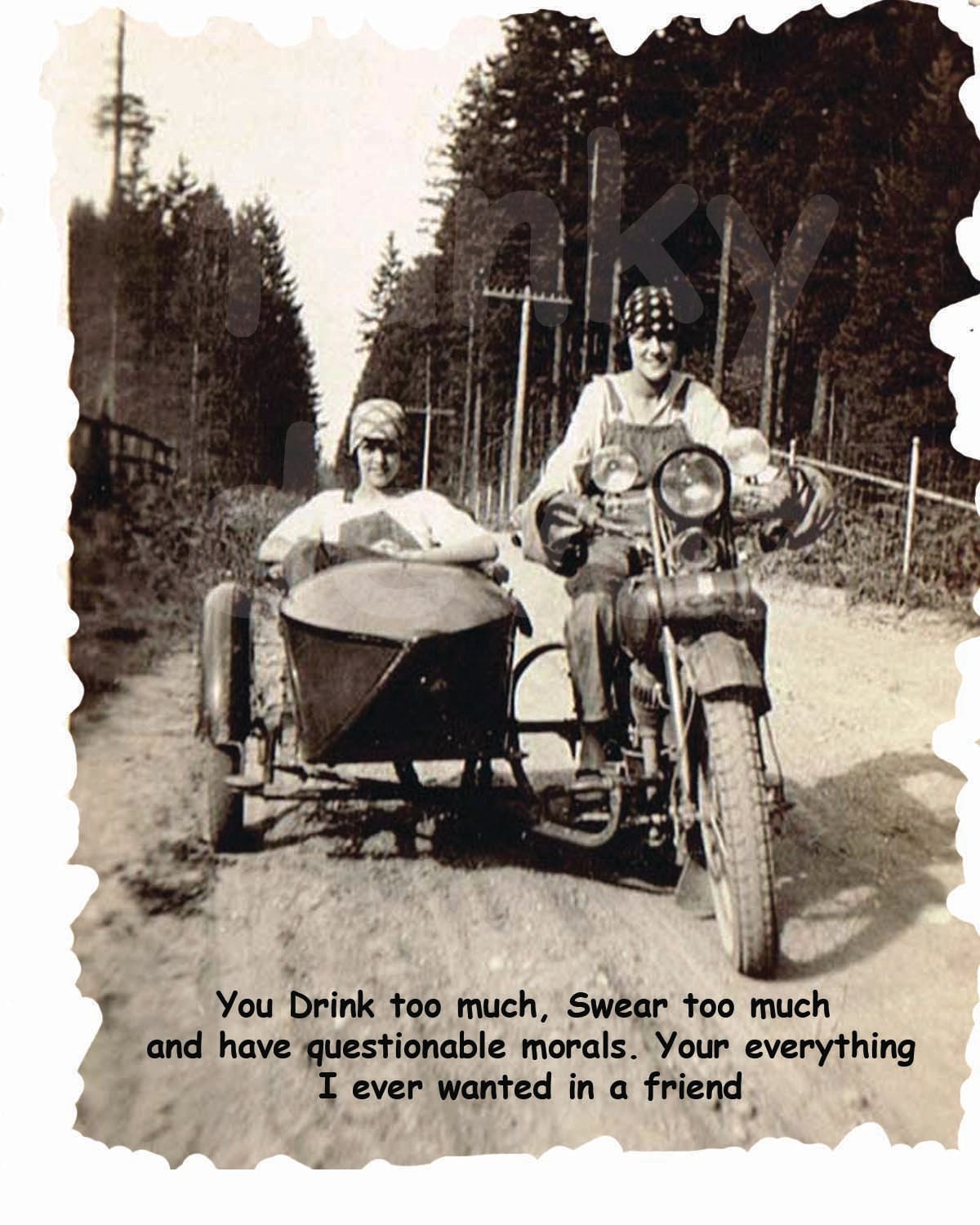 Vintage Girls on Motorcycle and Sidecar Digital Download Art Card Funky Devaz