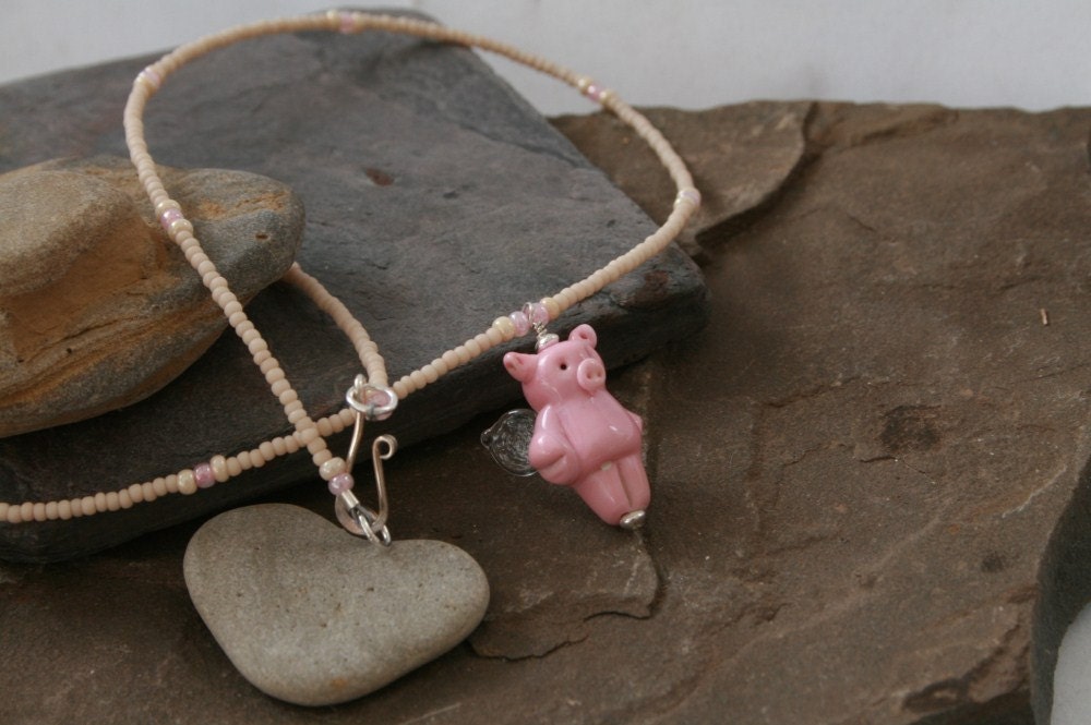 Artisn glass lampwork flying pig necklace ... Impossible ... art glass piggy jewelry ... by simply cindy