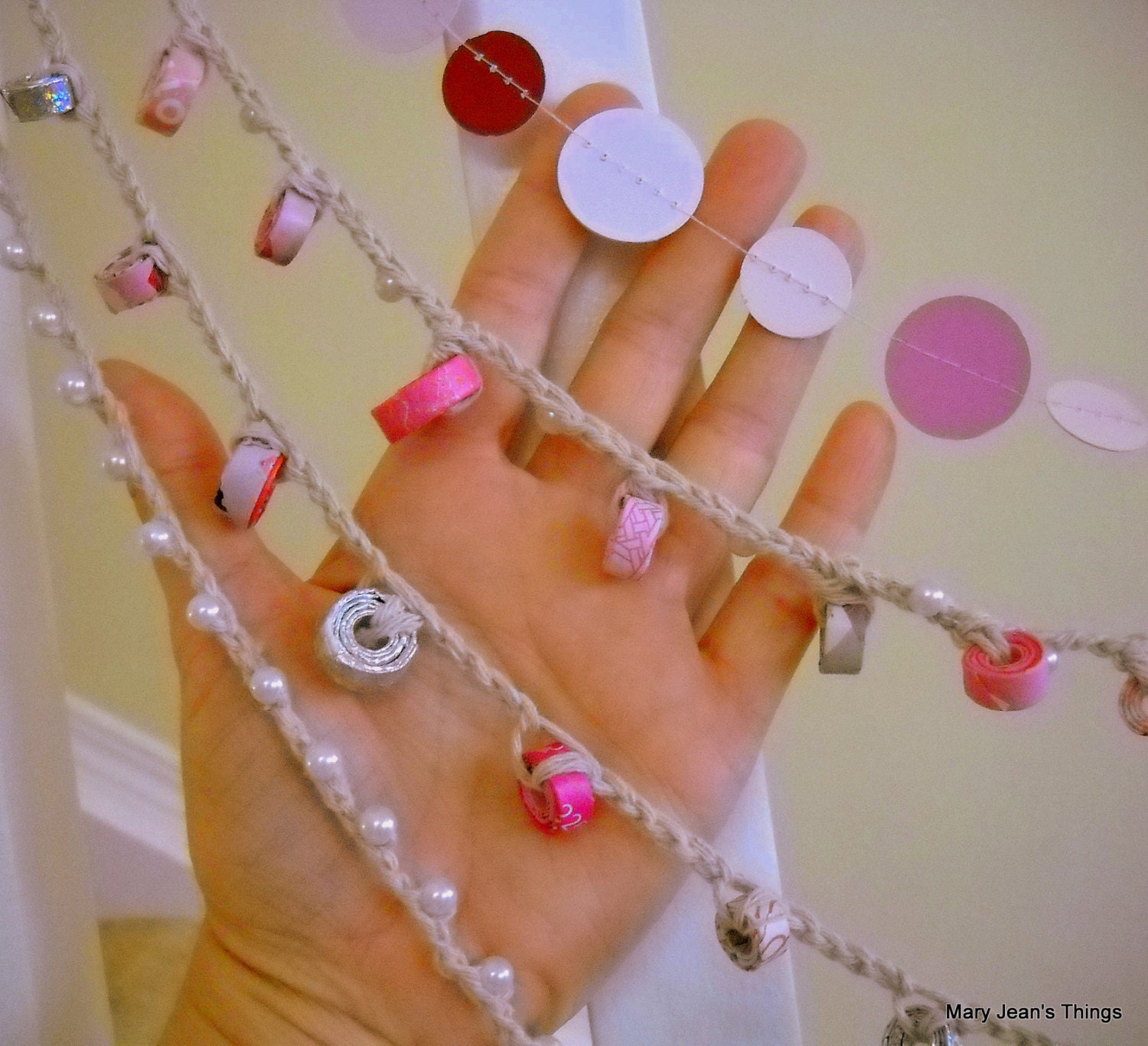Set of 4 Garlands Upcycled from Pink/Red Paper, Magazines, Paint Chips, etc. Crocheted OOAK
