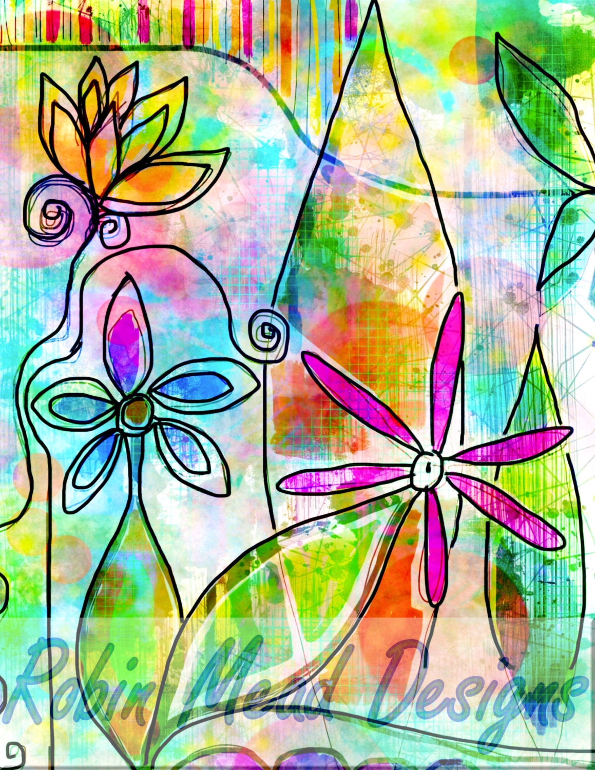 The Time to Bloom 5 x 7 inch  abstract mixed media painting colorful drawing digital collage