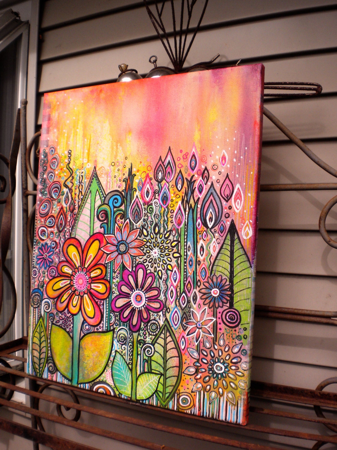 Wild Flowers 15 x 18 inch  abstract mixed media garden painting colorful flowers painting  floral drawing garden birds paintingwings