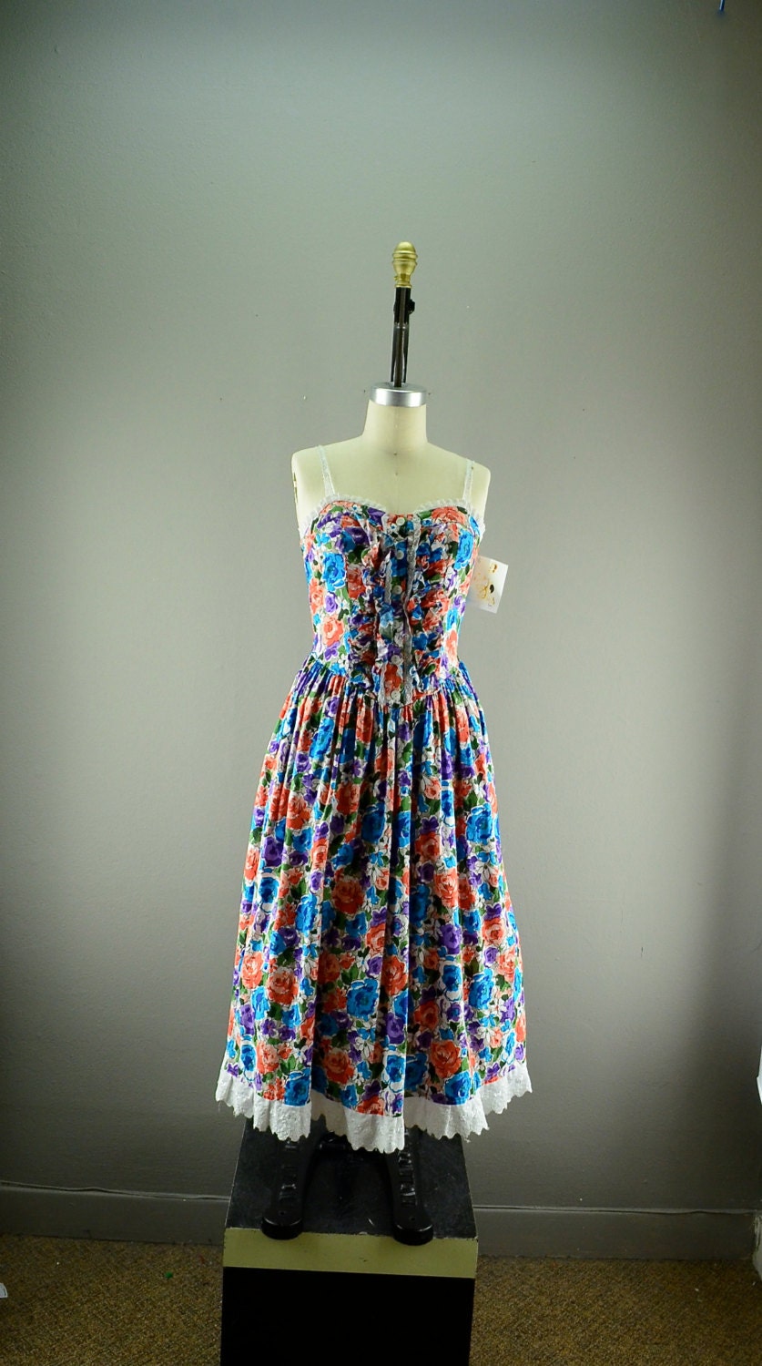 80s floral sundress  Vintage 50s style dress  1980s Bohemain dress Size medium Vintage summer dress