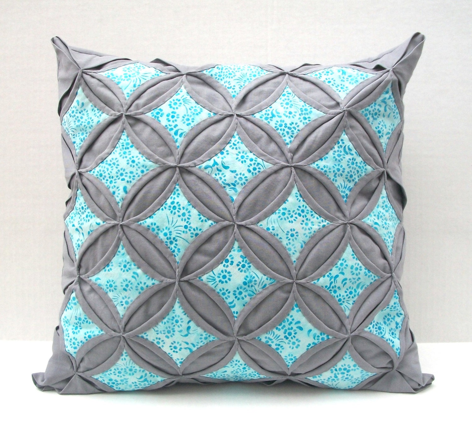 Decorative Throw Pillow Cover Aqua Batik Gray Pillow Cathedral Window 18 Inch