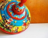 West German Tin Toy Spinning Top : Fairytale Mushrooms and Gnomes