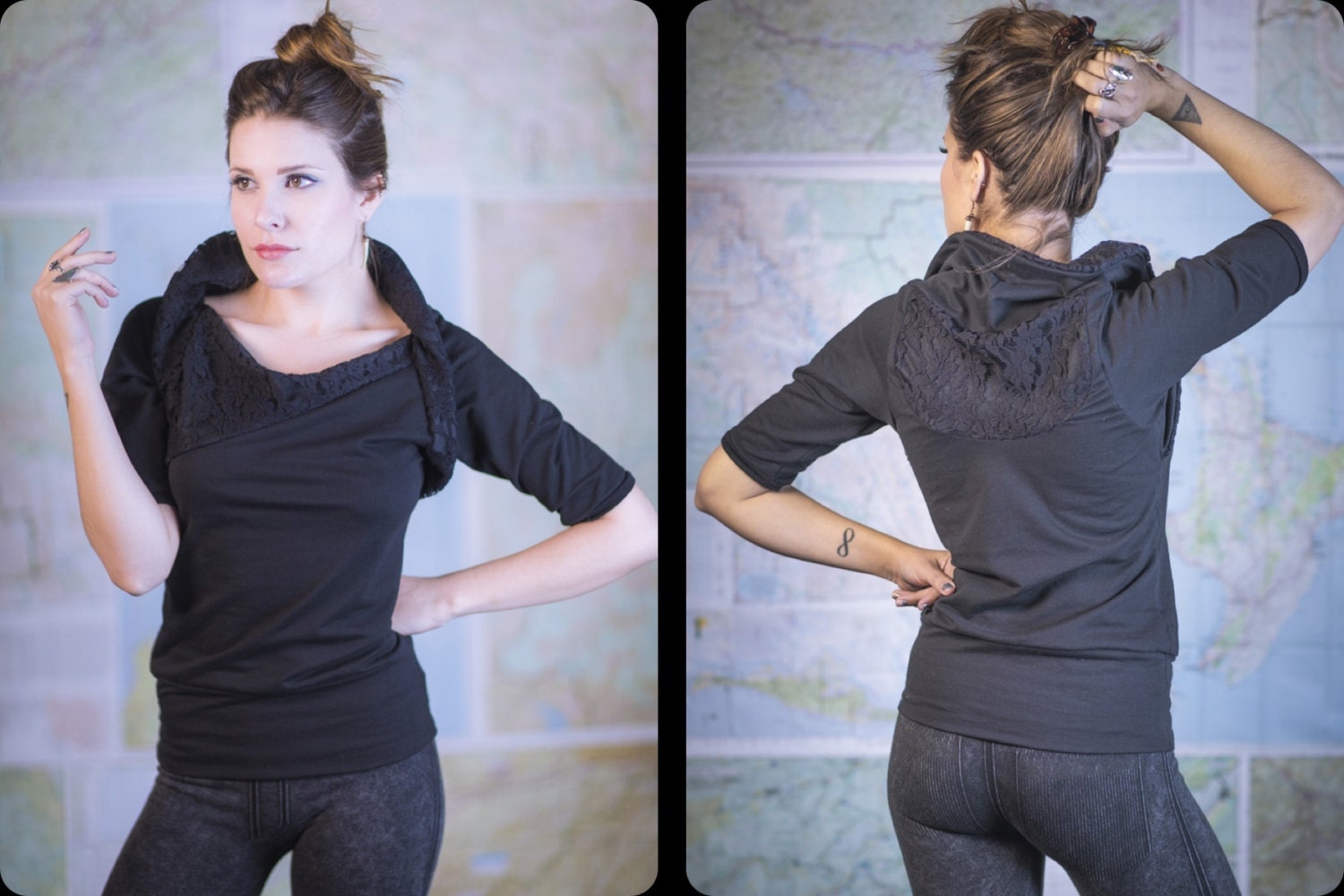 half sleeve organic SUMMER TOP in black and lace // rose lace insets, organic cotton terry, versatile summer top.
