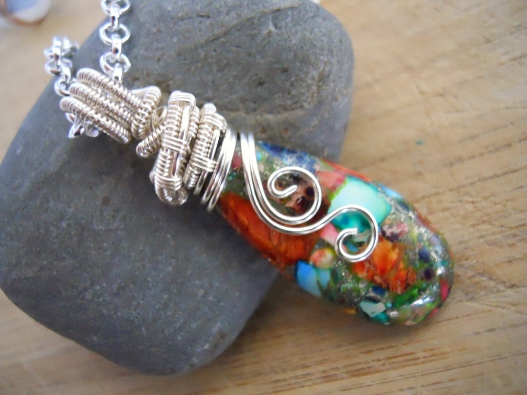 Variscite Drop Silver Pendant Necklace Multi Color Stone Wire Wrapped in Silver wire on a Silver tone chain