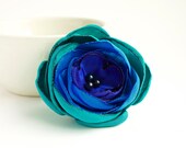 Teal, turquoise and royal blue fabric flower applique - big handmade satin flower, peacock flower, sew on peony, water lily, headband flower