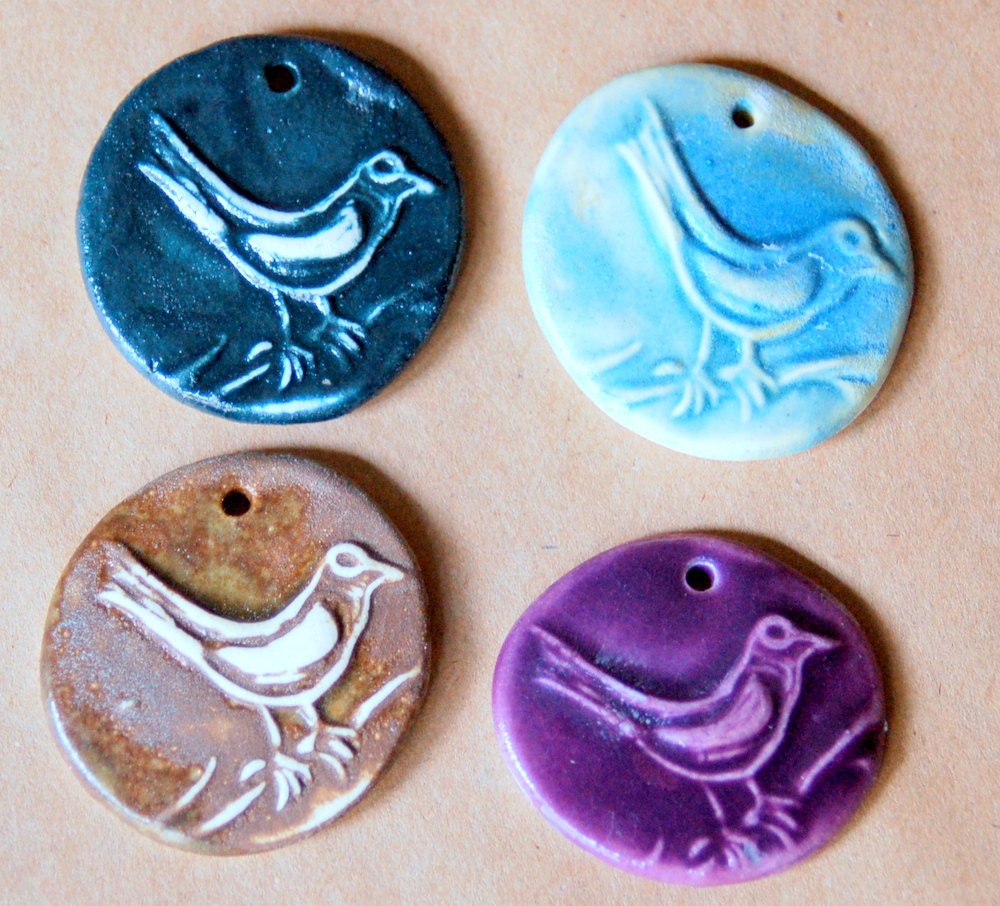 4 Handmade Stoneware Beads - Bird Beads