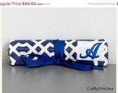 25% OFF Bridal Sale Quilted Jewelry Roll Wallet Organzier in Geo Tiles Midnight Navy Blue with Embroidered Monogram