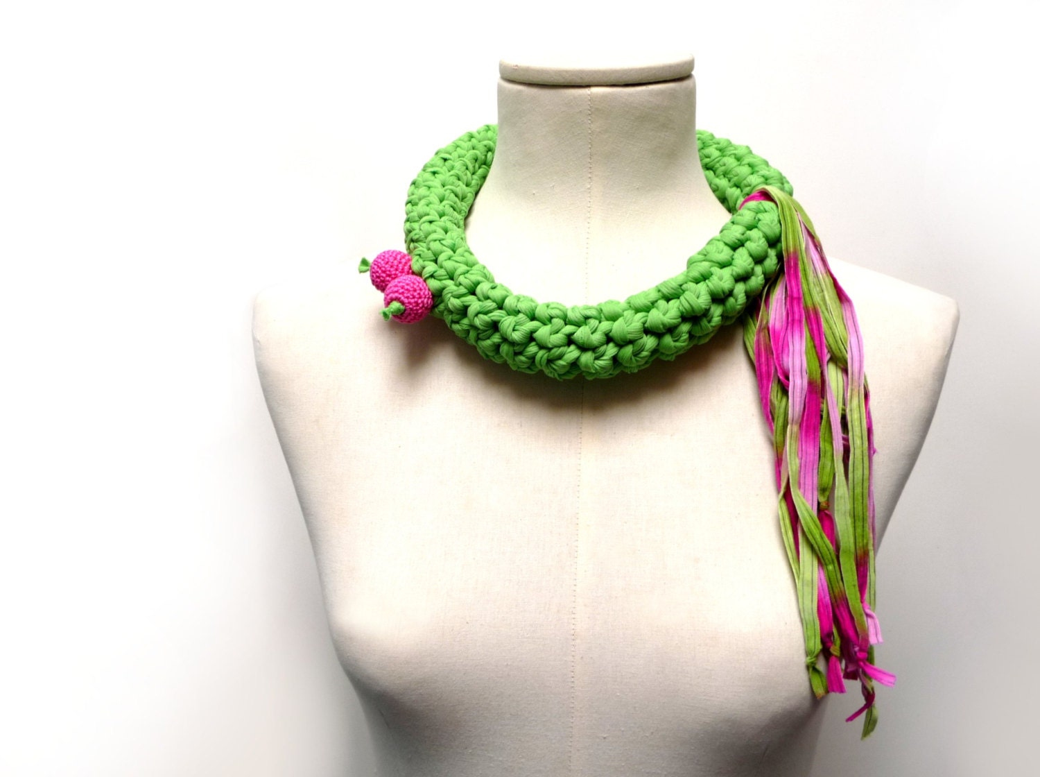 Crochet Statement Necklace - Lime Green Upcycled Jersey Yarn and Hot Pink Ribbons - Jersey Scarf Cowl - Crochet Jewelry - Textile Necklace