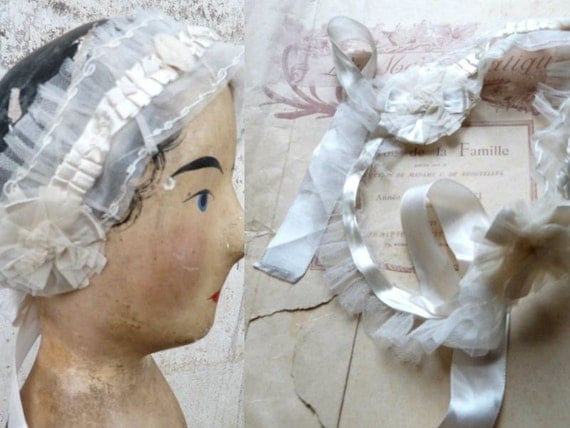 Vintage Edwardian bridal headpiece veil & ribbons /ivory silk