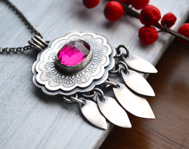 SALE 30% OFF - Botanica Necklace - Sterling Silver, Pink Ruby, Unique Metalwork, Scandinavian, Norwegian, Original, One of a Kind, Modern