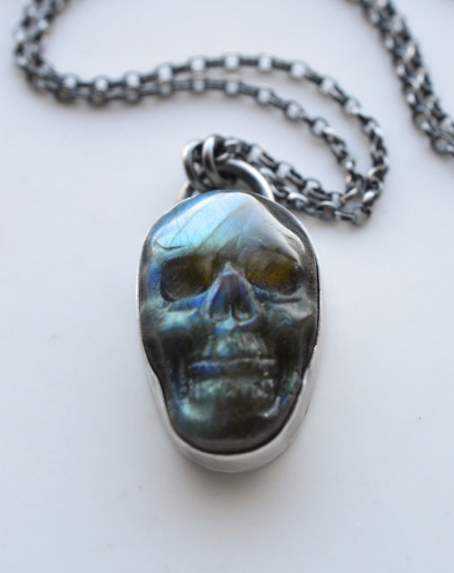 Small Labradorite Skull Necklace,Sterling Silver, Modern, Handmade, Artisan,Jewelry, Rustic, Blue Flash, Grunge, Metalwork Necklace, Stone