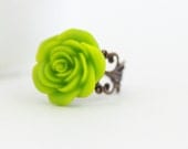 Lime Green Flower Ring - Antique Brass Plated Adjustable Filigree Ring With Green Flower