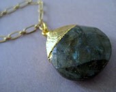 Gold Framed green olive Genuine Gemstone Necklace- Bridesmaid Necklace-wedding Simple Solitary gemstone Green necklace