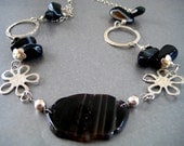 Bold chunky longe Sterling Silver hammered blooms and  Banded SliceGemstone Black Onyx Necklace- Artisan wire wrapped black necklace Modern