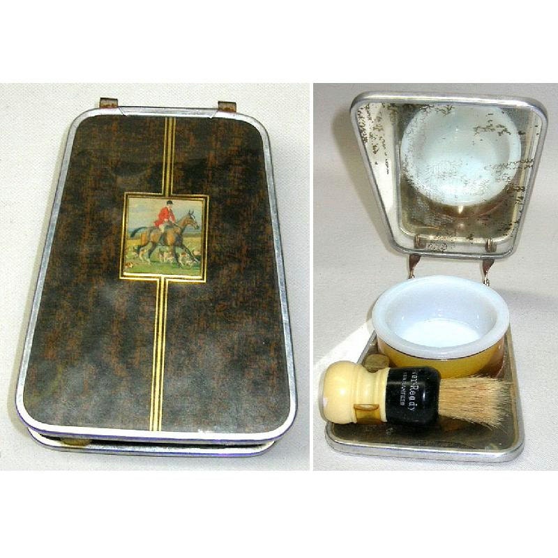 Vintage Mens Folding Shaving Mirror Set ca 1940s Fox Hunt Imagery TREASURY ITEM