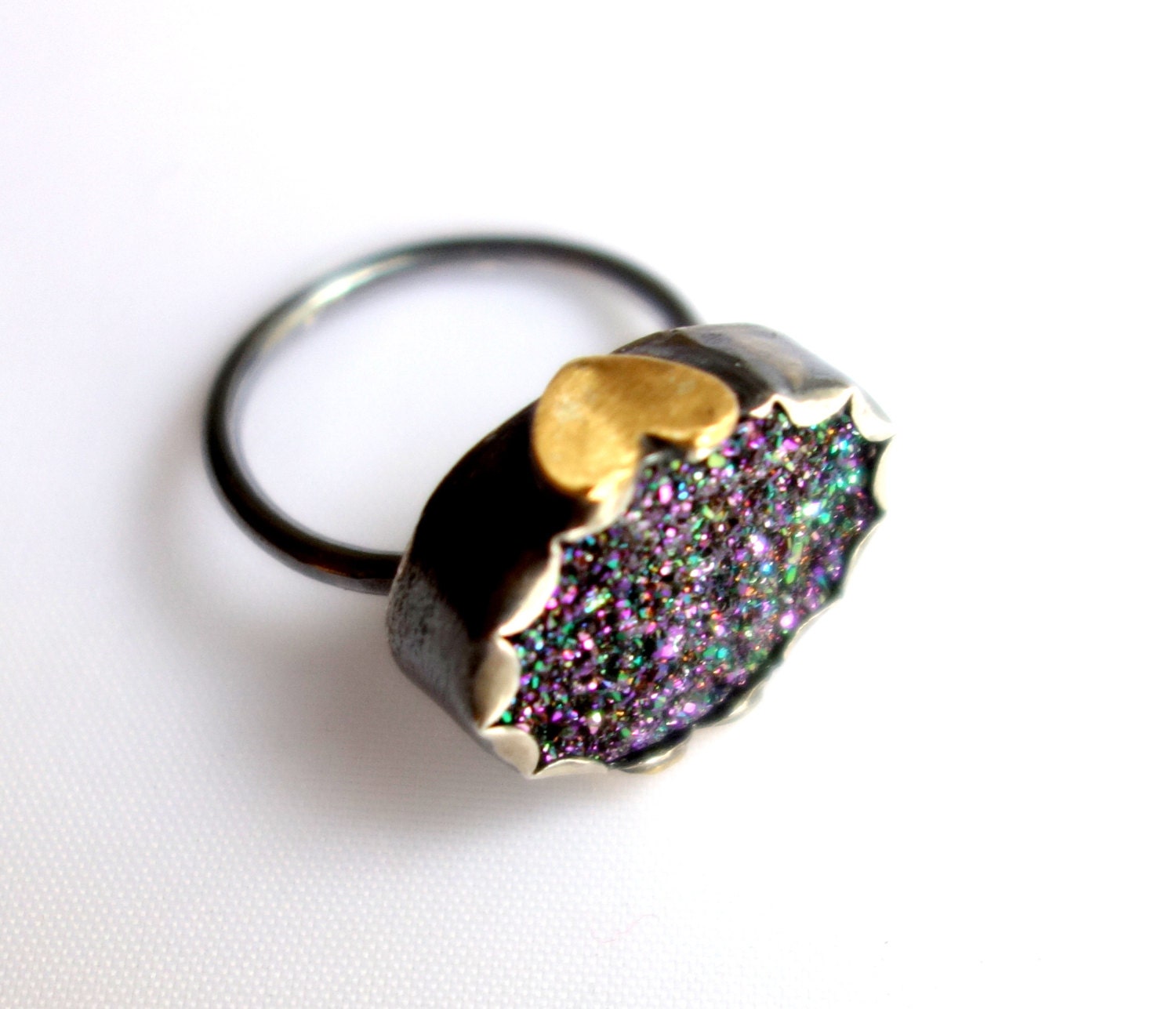 Purple/Green Drusy in Handmade Sterling Ring with Hearts