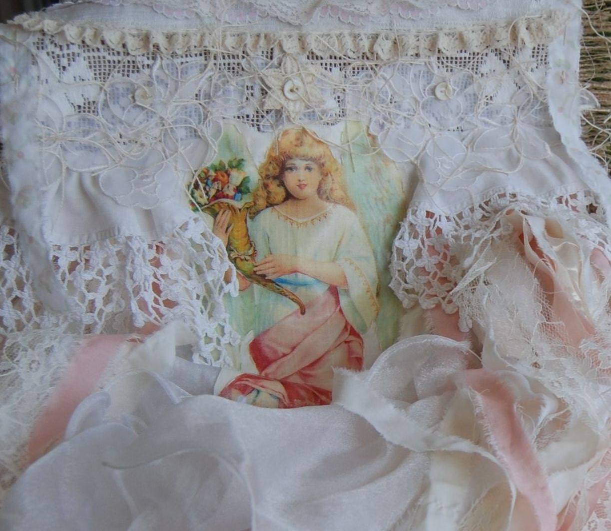 An Angel at My Table - Vintage Lace and Burlap Angel Shabby Chic Wedding Table Runner OOAK