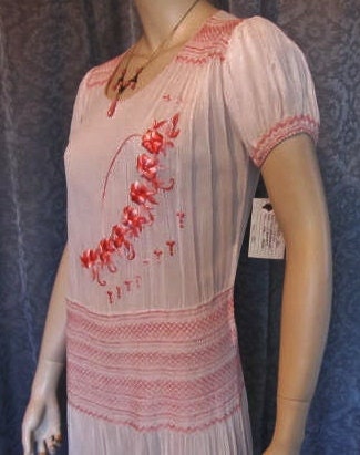 1920s, 1930s Flapper Gatsby  Bohemian, Hugarian Embroidered Day Dress,  Peach and Coral, Delightful, Wedding, Bridal
