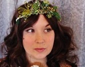 Bridal, Wedding Headpiece, Tiara, Crown , Headband, Freshwater Pearls, Rhinestones, Green, Gold
