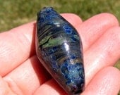 Handcrafted Lampwork Glass Bicone Bead chunky dark green black twistie with blue frit