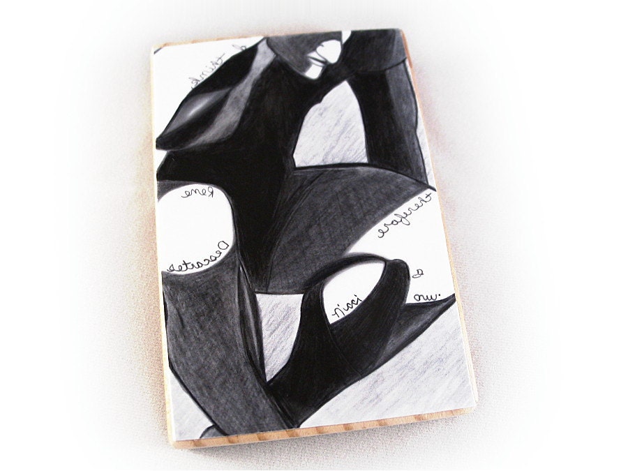Aceo male figurative drawing art print mounted on wood block with Rene Descartes quote in mirror writing Being