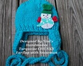 Thick Knit Turquoise SNOWMAN Earflap Hat , 0-3  months size In Stock-  ,Turquoise hat, baby hat, childrens clothing,   boys