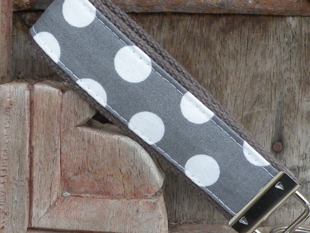 READY TO SHIP-Beautiful Key Fob/Keychain/Wristlet- Medium White Dots on Gray