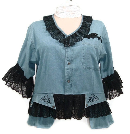 Altered Couture Steampunk Inspired Denim Shirt Plus Size Black Lace