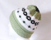 Hand knit hat Fair Isle sage green cranberry red skullcap beanie watch cap womens mens teens toque ski cap