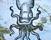 Octopus Print on Vintage Map South Pacific Ocean - 5 x 7 Octopus Map Print