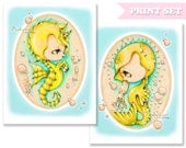 2 Piece Print Set-Unicorn Seahorse and Kawaii Baby Seal Pair-Big Eye Bubble Love-Pinkytoast Art Print-8x10