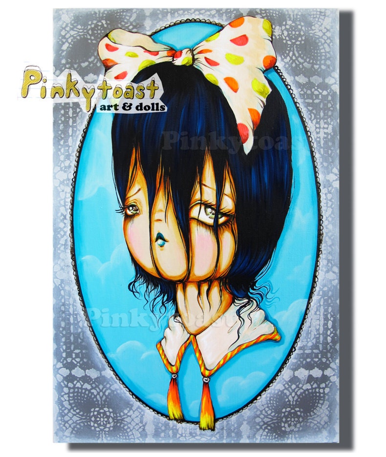 Original Painting-Wet Hair School Girl in Neon Bow-Big Eye Girl Portrait-Kawaii Noir-12x18 Canvas-Pinkytoast Art