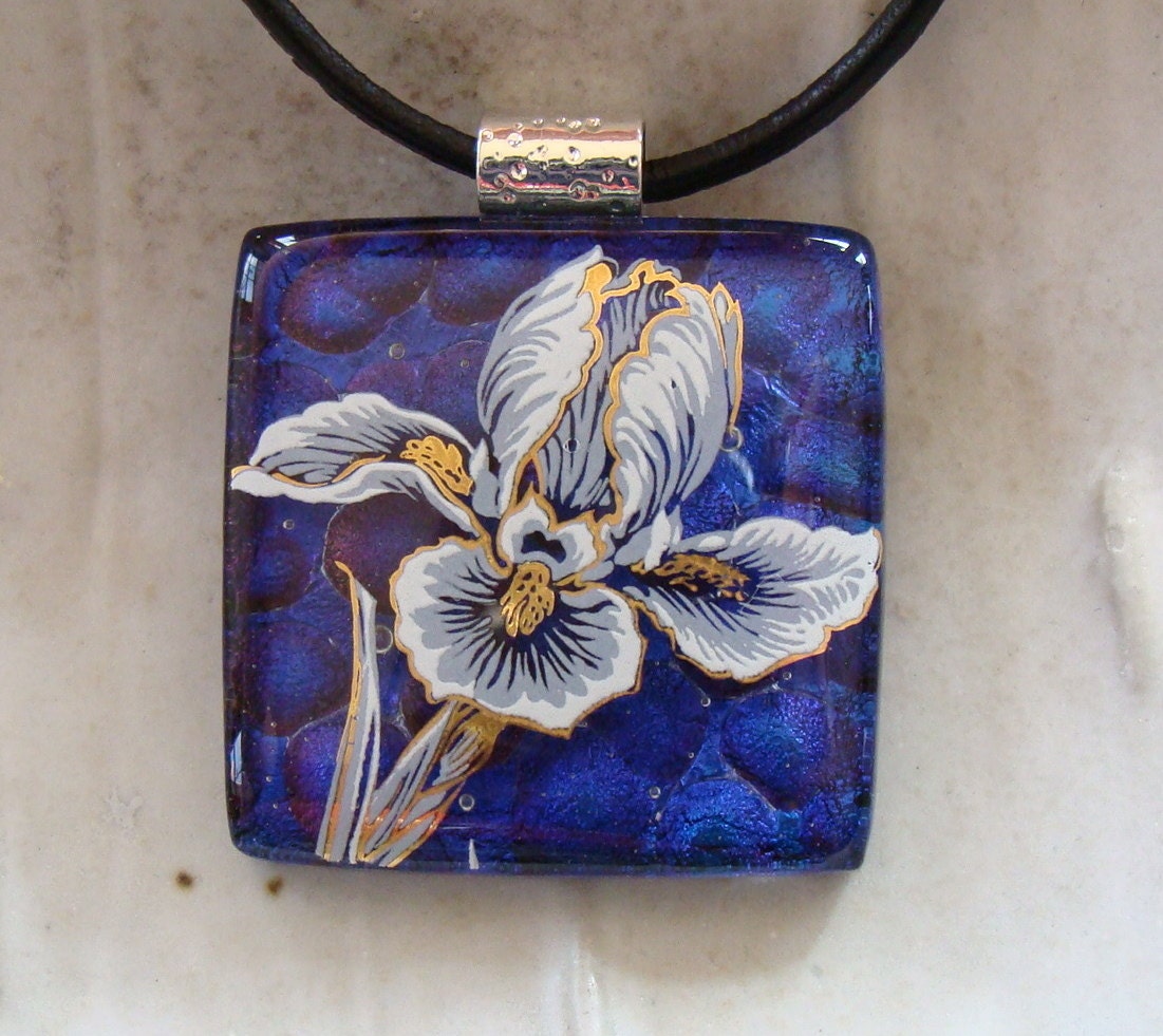 Dichroic Glass Pendant, Fused Glass Jewelry, Iris, Purple, Necklace Included