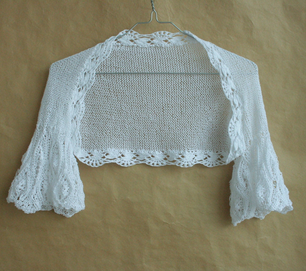 White 100% cotton Bridal Shrug-Bolero-Capelet short sleeved---hand knitted, size M