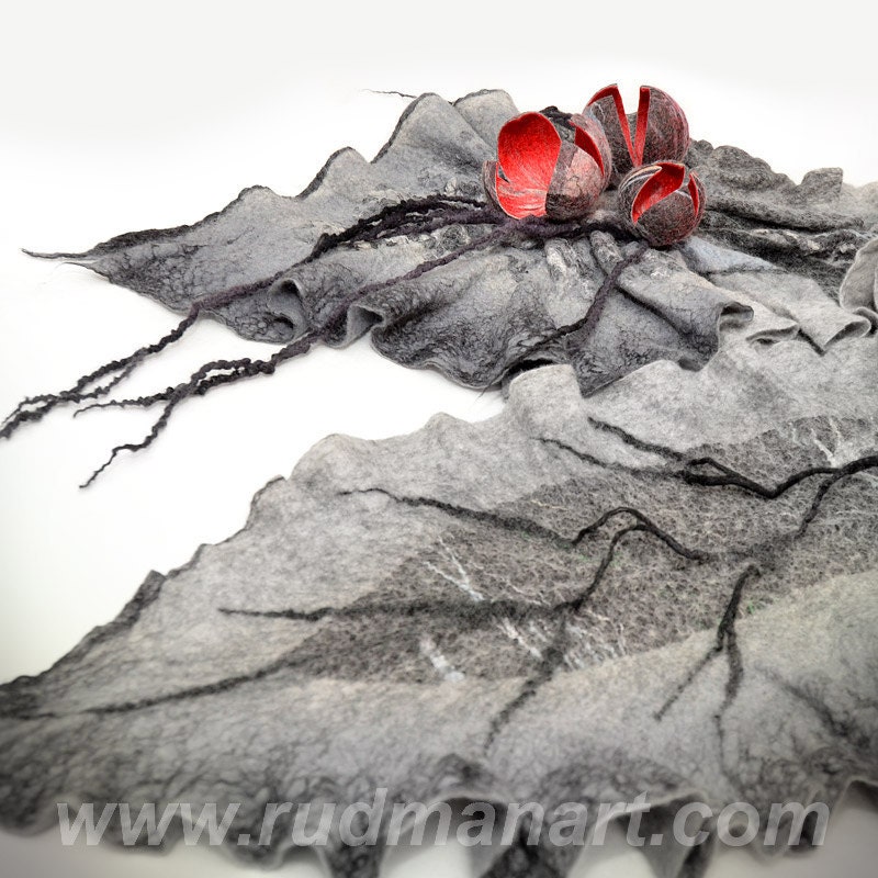 Felted scarf 3D ART made from wool and silk Gray Black Roots Red Shibori Tulips