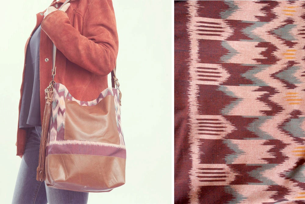 IKAT  BAG. Brown Leather Bag. Hobo Bag. Aztec Print Bag. Adjustable Strap. Ikat Tote Bag. Boho Bag.