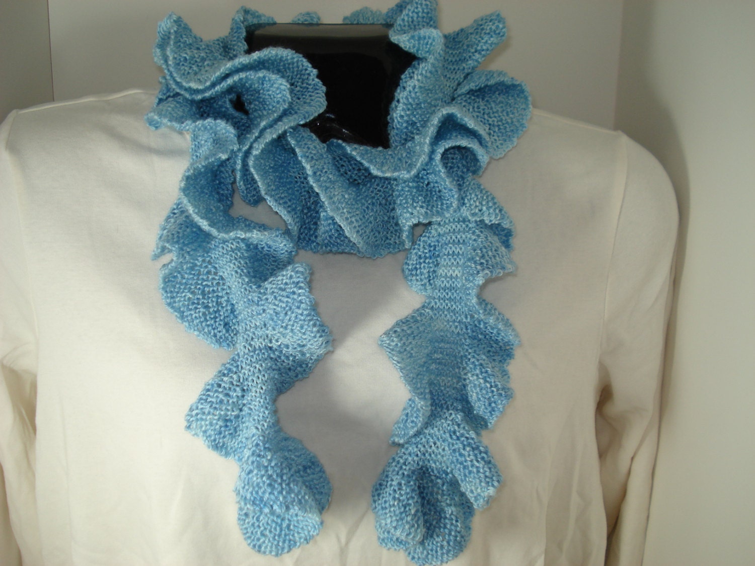 Powder Blue Spring-Weight Ruffle Scarf - Hand knitted