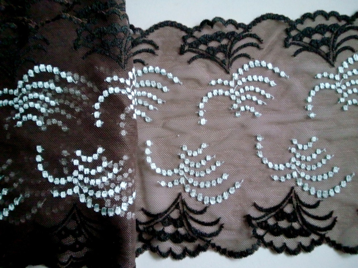 150cm Stretch Tulle Lace Galloon CHOCOLAT BLUE and BLACK by Merckwaerdigh