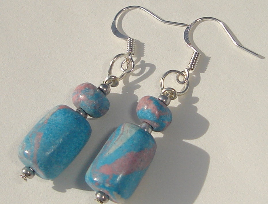 blue and pink swirl hand made ceramic stoneware bead pierced dangle hand made wire wrapped earrings