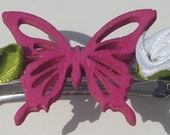 Spring Time Barrette pink butterfly with white flowers and lady bugs hand made barrette