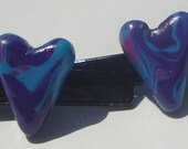 purple, pink, and light blue swirled polymer clay hearts hand made hair clips set of 2