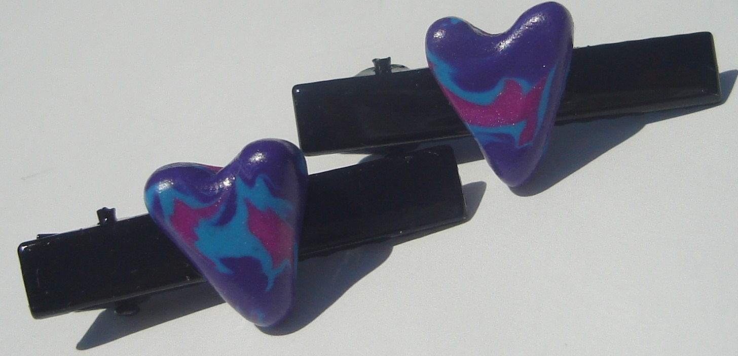 purple, pink, and light blue swirled polymer clay hearts hand made hair clips set of 2