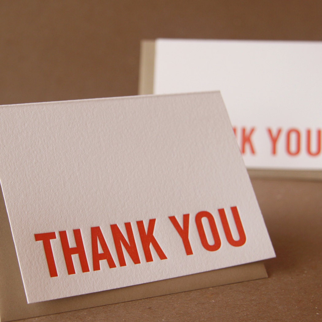 Letterpress Thank You Cards : Fire Red Modern Block Thank You Notes - box of 100 small folded cards w envelope color choice