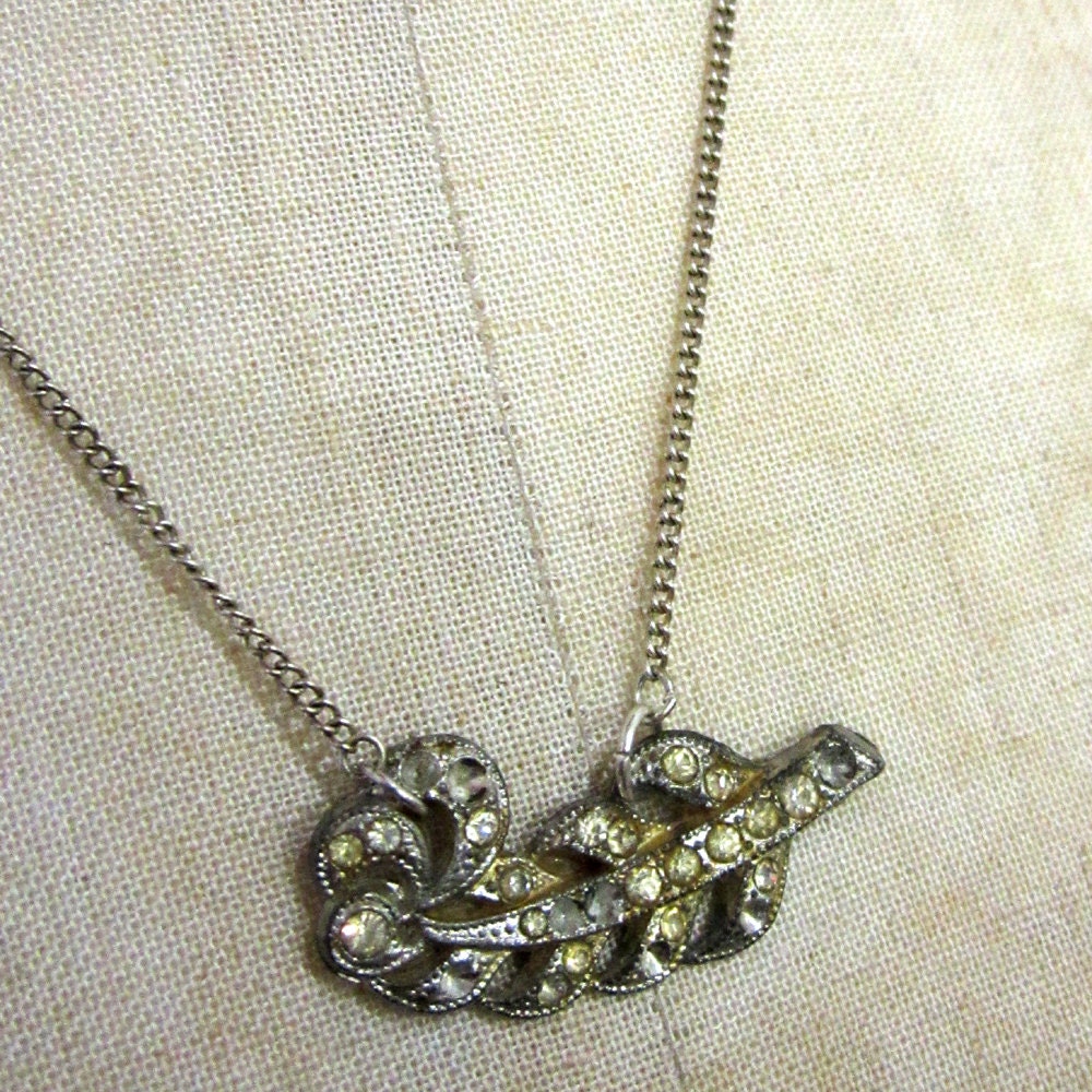Quill Necklace - vintage silver metal and rhinestone feather pendant on silver metal necklace - Free Shipping to USA