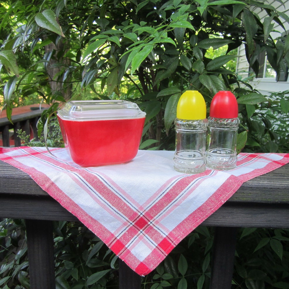 Vintage Red and Yellow Kitchenware -Salt and Peppers/ Pyrex Refrigerator Dish