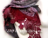 Maroon and Purple Long Nuno Felt Scarf  with Vintage doilies Sustainable Fashion